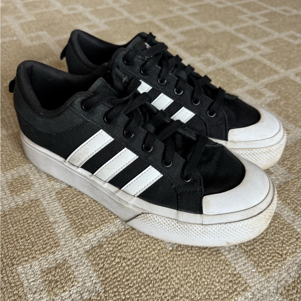 Adidas Black White Canvas Court Sneakers Lace-Up Low Top Shoes Retro Size 8.5 - Picture 9 of 9
